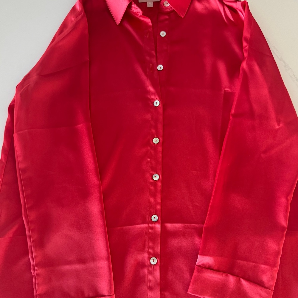 Show Me Your MuMu Shimmering Red Mini Skirt & Oversized Red Satin Button Blouse - Picture 4 of 7